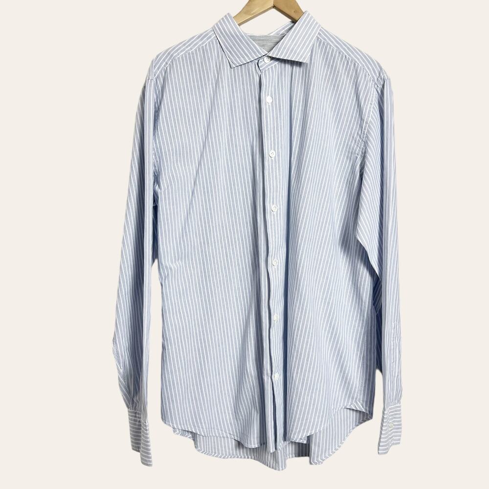 Eleventy Dandy White Blue Striped Modern Fit Button Up Dress Shirt Men's XXL